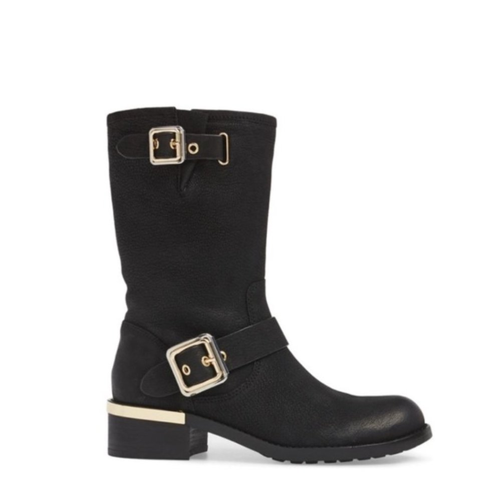 VINCE CAMUTO VC WINDY BLACK MAJICO LEATHER MOTORCYCLE MOTO CHUNKY BOOTS 6.5 NEW